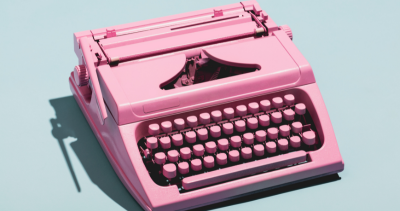 pink typewriter on blue background